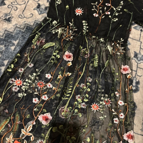 METISU BLACK FLORAL MESH SHORT-SLEEVE SUMMER LIGHTWEIGHT EMBROIDERED MIDI DRESS - Picture 4 of 16